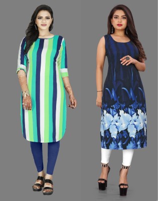 Modli 20 Fashion Women Striped, Printed Straight Kurta(Blue, Multicolor)