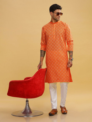 ANOUK Men Abstract Straight Kurta(Orange)