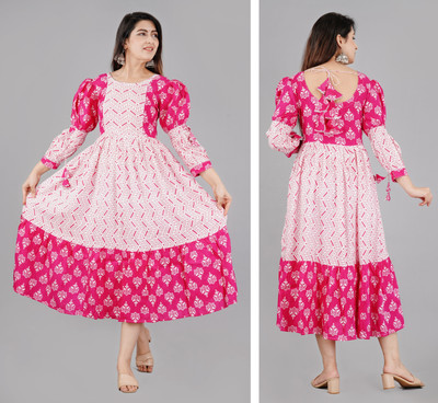 Padhatti Women Printed Anarkali Kurta(Pink, White)