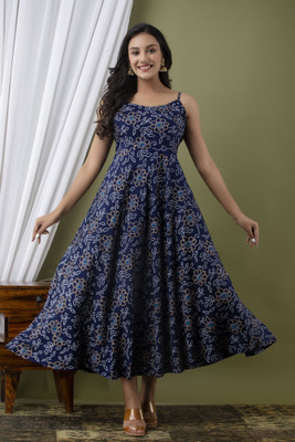 HouseOfCommon Women Fit and Flare Dark Blue Midi/Calf Length Dress