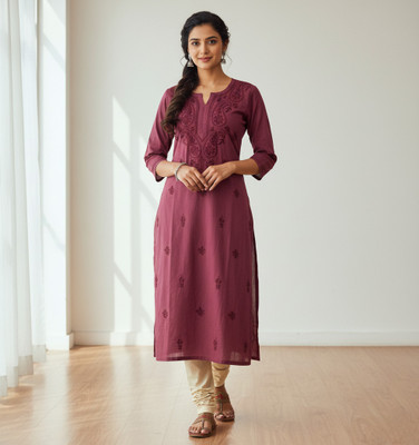 ChikanKari By ZA Women Embroidered A-line Kurta(Maroon)