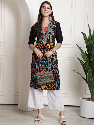 1 Stop Fashion Women Printed Straight Kurta(Black)