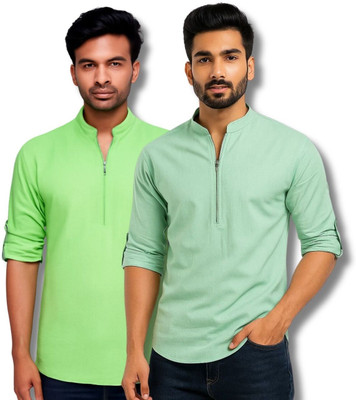 GOD HEART Men Solid Straight Kurta(Light Green, Light Blue)