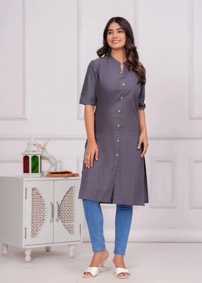 canvir Women Solid Frontslit Kurta(Grey)