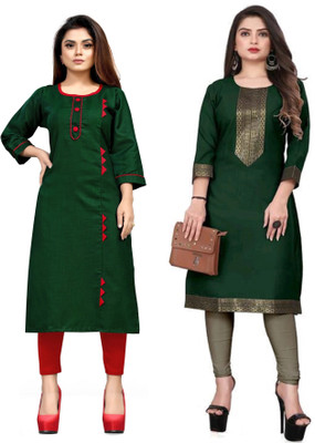 HEER CREATIONS Women Printed Straight Kurta(Green)