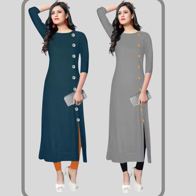 TL Creation Women Solid Straight Kurta(Dark Blue, Grey)