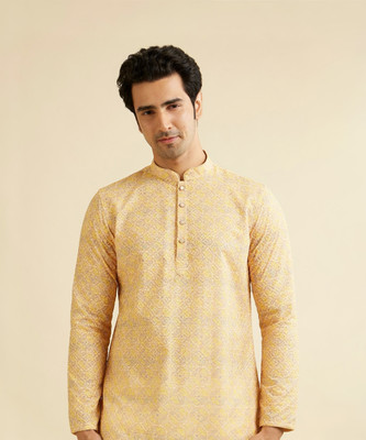 MANYAVAR Men Printed Straight Kurta(Yellow)