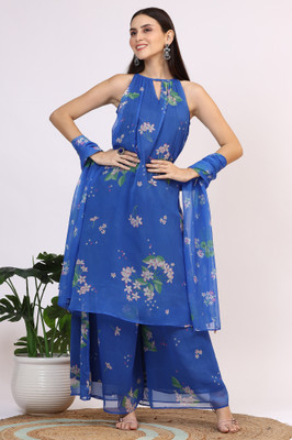 W Women Floral Print A-line Kurta(Blue)