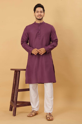 ODD by Poshaak Men Solid Straight Kurta(Purple)