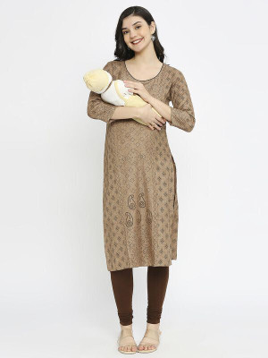 TRUE SHAPE Women Printed A-line Kurta(Brown)