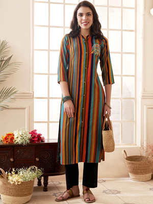 ANOUK Women Striped Straight Kurta(Blue)