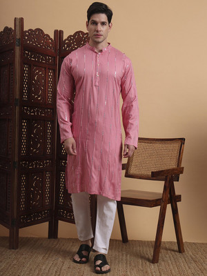 Zarista Creation Men Embellished A-line Kurta(Pink)