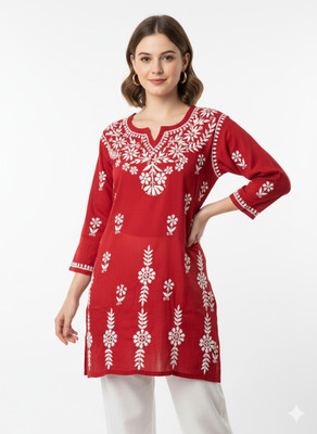 nafa creatin Women Chikan Embroidery Ethnic Dress Kurta(Red)