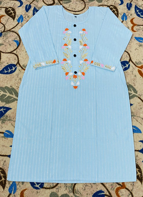 R N Enterprises Women Printed, Chikan Embroidery Straight Kurta(Light Blue, White)