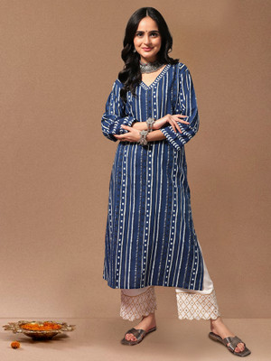 Varanga Women Printed Straight Kurta(Blue)