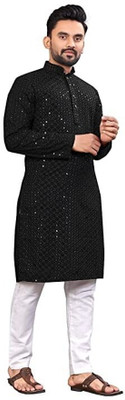 Growwax Men Embellished Straight Kurta(Black)