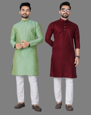 DHASU TRENDZ Men Self Design, Solid Straight Kurta(Maroon, Green)