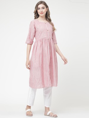 VINH FASHION Women Striped A-line Kurta(Pink, White)