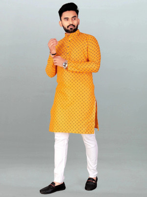 FRELURO Men Printed, Self Design Straight Kurta(Yellow)