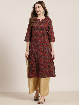 HERE&NOW Women Floral Print A-line Kurta(Brown)