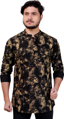 MADE IN THE SHADE Men Self Design Straight Kurta(Black, Beige)