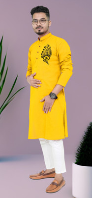 Biswas Fab Men Printed Straight Kurta(Yellow)