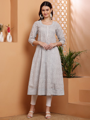 PSMAAG Women Printed Anarkali Kurta(Grey)