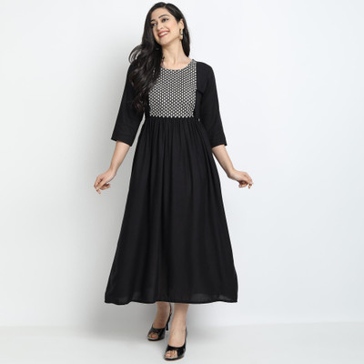 Kriska Women Embroidered A-line Kurta(Black)