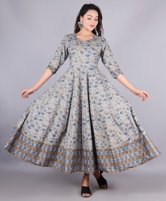 NAMA Women Printed Anarkali Kurta(Grey)