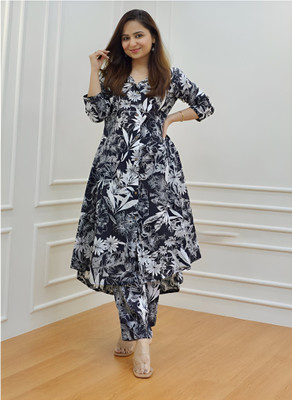 VAANEEP Women Floral Print A-line Kurta(Black)