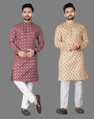 DHASU TRENDZ Men Printed Straight Kurta(Maroon, Beige)