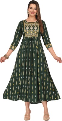 NANAK FEB Women Embroidered Anarkali Kurta(Dark Green)