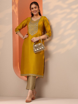 LIBAS Women Embroidered Straight Kurta(Yellow)