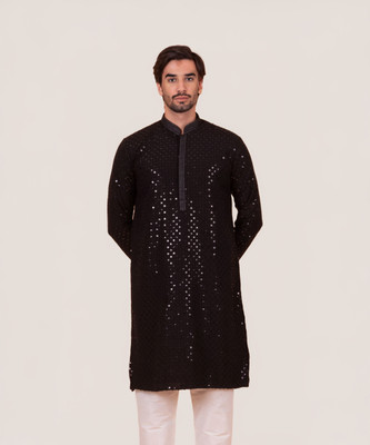 YSYB Dezines Men Chikan Embroidery Straight Kurta(Black)
