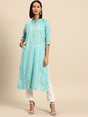 all about you Women Printed Straight Kurta(Blue)