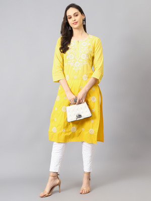 The Chikankari Story Women Embroidered Straight Kurta(Yellow)