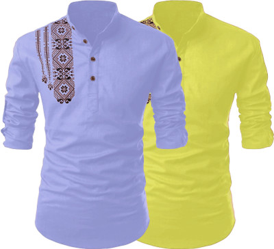 Kavyangle Creation Men Printed Straight Kurta(Blue, Light Green)