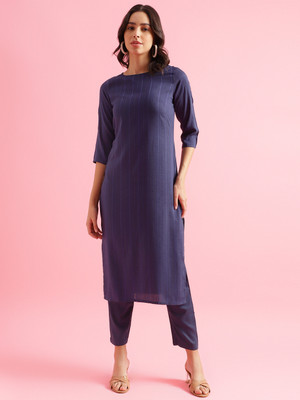 Fourleaf Women Solid Straight Kurta(Dark Blue)
