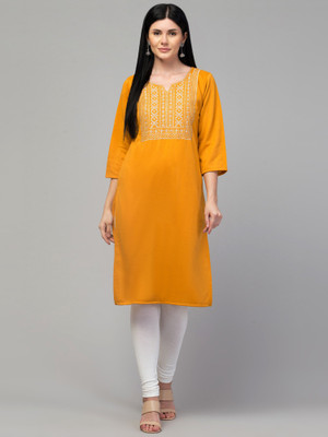FamBee Women Embroidered Straight Kurta(Yellow)