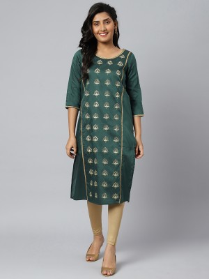 Aurelia Women Solid Straight Kurta(Dark Green, Gold)