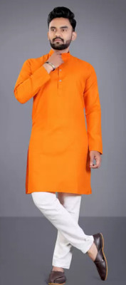 Shree Dutt Creation Men Solid Straight Kurta(Orange)
