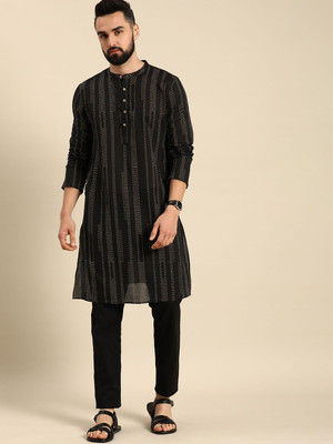 ANOUK Men Striped Straight Kurta(Black)