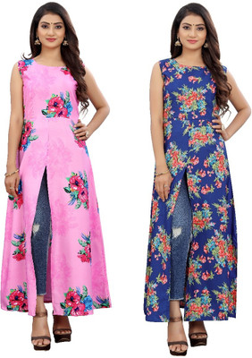 tanvi creation Women Printed Frontslit Kurta(Dark Blue)