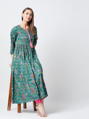 Tissu Women Floral Print Flared Kurta(Green)