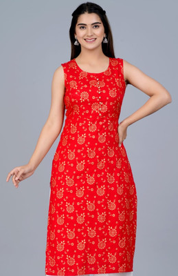 LOOK AND LIKE Women Printed Straight Kurta(Red, Gold)