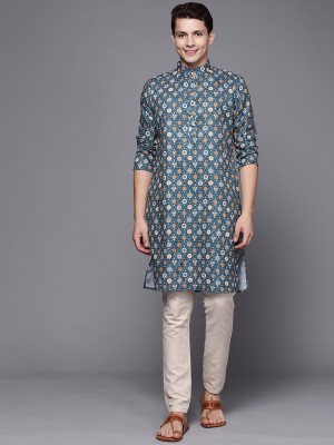 Indo Era Men Printed Straight Kurta(Blue)