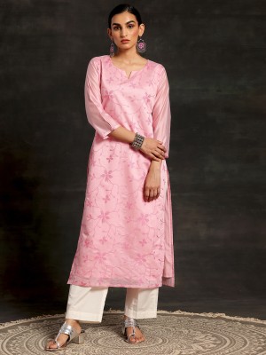 LIBAS Women Embroidered Straight Kurta(Pink)