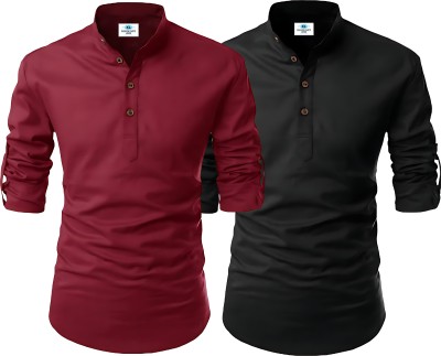 Fashion Marts Men Solid, Self Design Straight Kurta(Maroon, Black)