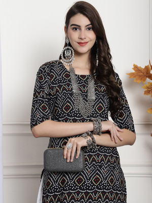 1 Stop Fashion Women Printed Straight Kurta(Black)