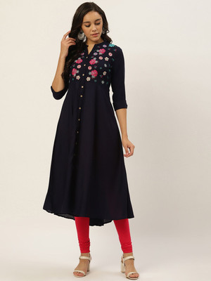 ANOUK Women Embroidered A-line Kurta(Dark Blue)